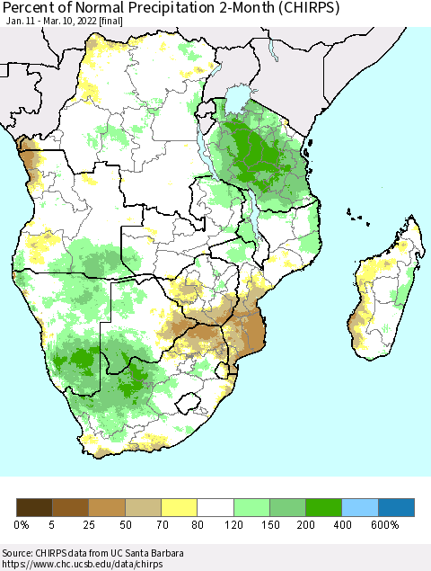 Southern Africa Percent of Normal Precipitation 2-Month (CHIRPS) Thematic Map For 1/11/2022 - 3/10/2022