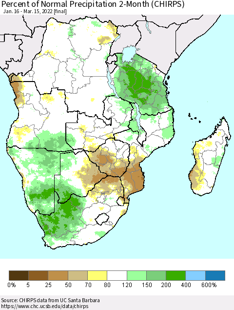 Southern Africa Percent of Normal Precipitation 2-Month (CHIRPS) Thematic Map For 1/16/2022 - 3/15/2022