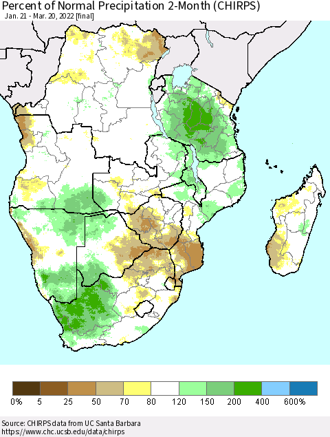 Southern Africa Percent of Normal Precipitation 2-Month (CHIRPS) Thematic Map For 1/21/2022 - 3/20/2022