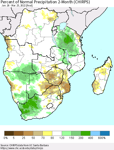 Southern Africa Percent of Normal Precipitation 2-Month (CHIRPS) Thematic Map For 1/26/2022 - 3/25/2022