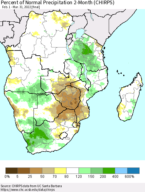 Southern Africa Percent of Normal Precipitation 2-Month (CHIRPS) Thematic Map For 2/1/2022 - 3/31/2022