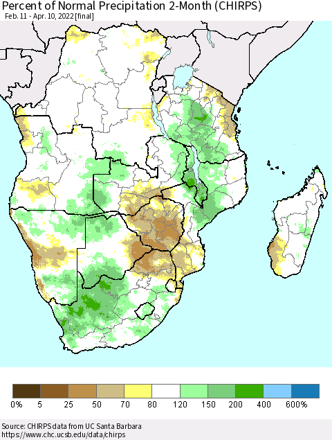 Southern Africa Percent of Normal Precipitation 2-Month (CHIRPS) Thematic Map For 2/11/2022 - 4/10/2022