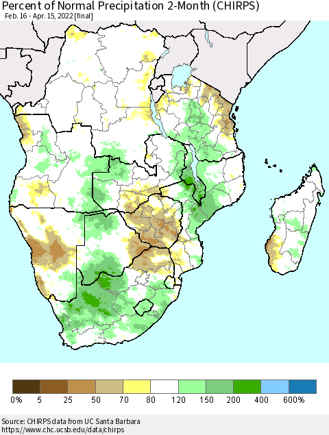 Southern Africa Percent of Normal Precipitation 2-Month (CHIRPS) Thematic Map For 2/16/2022 - 4/15/2022