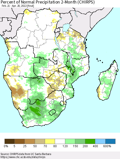 Southern Africa Percent of Normal Precipitation 2-Month (CHIRPS) Thematic Map For 2/21/2022 - 4/20/2022