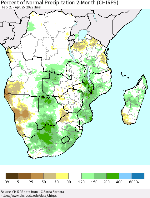 Southern Africa Percent of Normal Precipitation 2-Month (CHIRPS) Thematic Map For 2/26/2022 - 4/25/2022