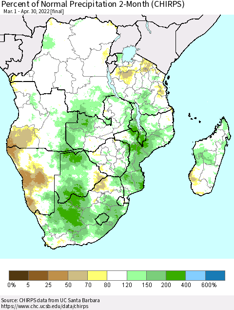 Southern Africa Percent of Normal Precipitation 2-Month (CHIRPS) Thematic Map For 3/1/2022 - 4/30/2022