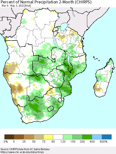 Southern Africa Percent of Normal Precipitation 2-Month (CHIRPS) Thematic Map For 3/6/2022 - 5/5/2022