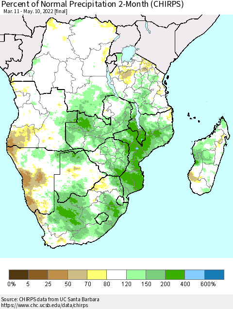Southern Africa Percent of Normal Precipitation 2-Month (CHIRPS) Thematic Map For 3/11/2022 - 5/10/2022