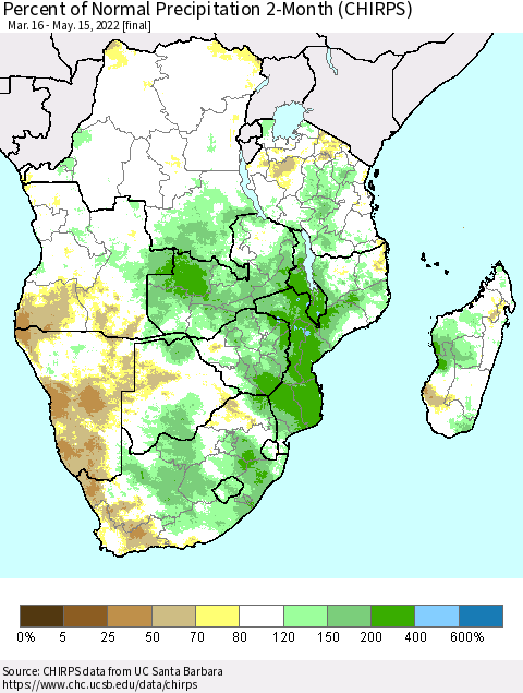 Southern Africa Percent of Normal Precipitation 2-Month (CHIRPS) Thematic Map For 3/16/2022 - 5/15/2022