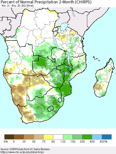 Southern Africa Percent of Normal Precipitation 2-Month (CHIRPS) Thematic Map For 3/21/2022 - 5/20/2022