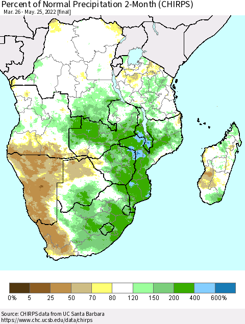 Southern Africa Percent of Normal Precipitation 2-Month (CHIRPS) Thematic Map For 3/26/2022 - 5/25/2022