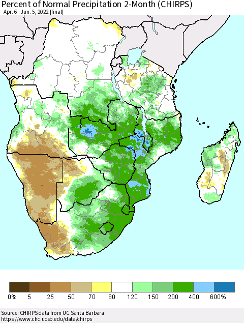 Southern Africa Percent of Normal Precipitation 2-Month (CHIRPS) Thematic Map For 4/6/2022 - 6/5/2022