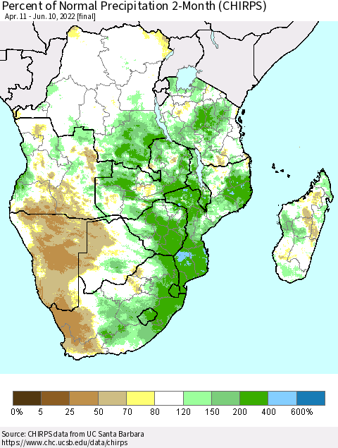 Southern Africa Percent of Normal Precipitation 2-Month (CHIRPS) Thematic Map For 4/11/2022 - 6/10/2022