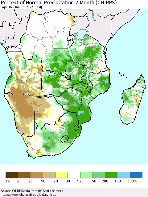 Southern Africa Percent of Normal Precipitation 2-Month (CHIRPS) Thematic Map For 4/16/2022 - 6/15/2022