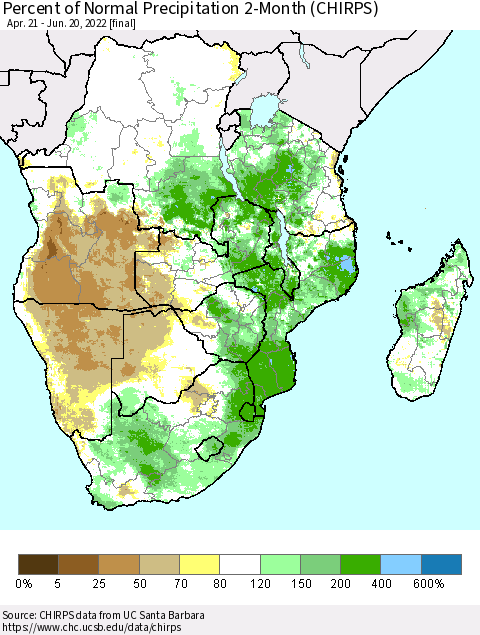 Southern Africa Percent of Normal Precipitation 2-Month (CHIRPS) Thematic Map For 4/21/2022 - 6/20/2022