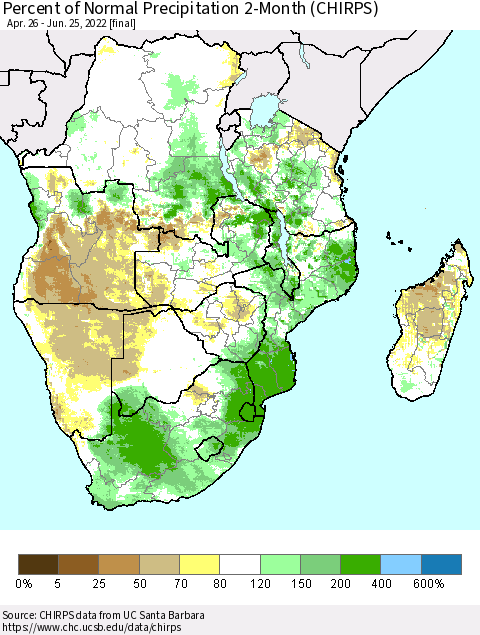 Southern Africa Percent of Normal Precipitation 2-Month (CHIRPS) Thematic Map For 4/26/2022 - 6/25/2022