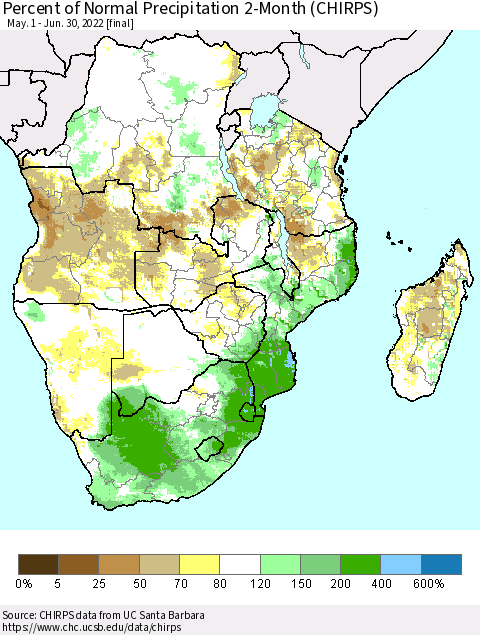 Southern Africa Percent of Normal Precipitation 2-Month (CHIRPS) Thematic Map For 5/1/2022 - 6/30/2022