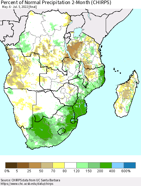 Southern Africa Percent of Normal Precipitation 2-Month (CHIRPS) Thematic Map For 5/6/2022 - 7/5/2022