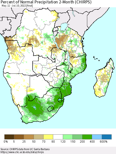 Southern Africa Percent of Normal Precipitation 2-Month (CHIRPS) Thematic Map For 5/11/2022 - 7/10/2022