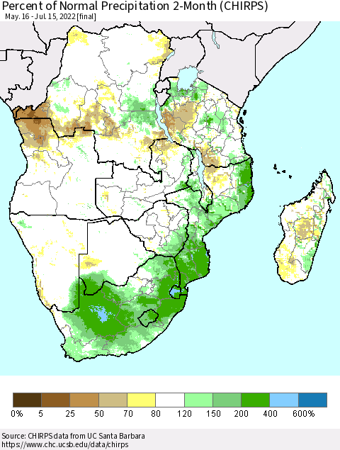 Southern Africa Percent of Normal Precipitation 2-Month (CHIRPS) Thematic Map For 5/16/2022 - 7/15/2022