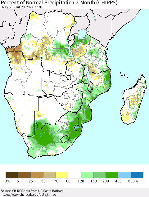 Southern Africa Percent of Normal Precipitation 2-Month (CHIRPS) Thematic Map For 5/21/2022 - 7/20/2022