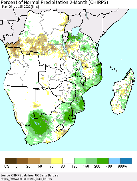 Southern Africa Percent of Normal Precipitation 2-Month (CHIRPS) Thematic Map For 5/26/2022 - 7/25/2022