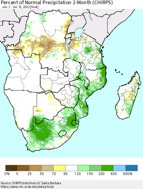 Southern Africa Percent of Normal Precipitation 2-Month (CHIRPS) Thematic Map For 6/1/2022 - 7/31/2022