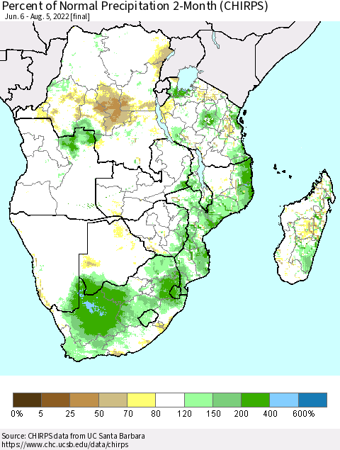 Southern Africa Percent of Normal Precipitation 2-Month (CHIRPS) Thematic Map For 6/6/2022 - 8/5/2022