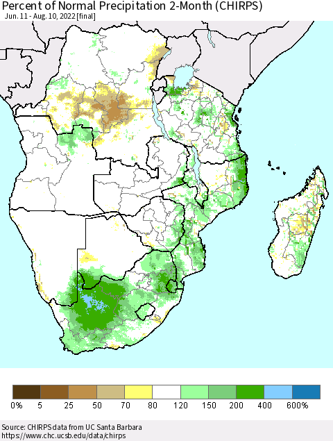 Southern Africa Percent of Normal Precipitation 2-Month (CHIRPS) Thematic Map For 6/11/2022 - 8/10/2022