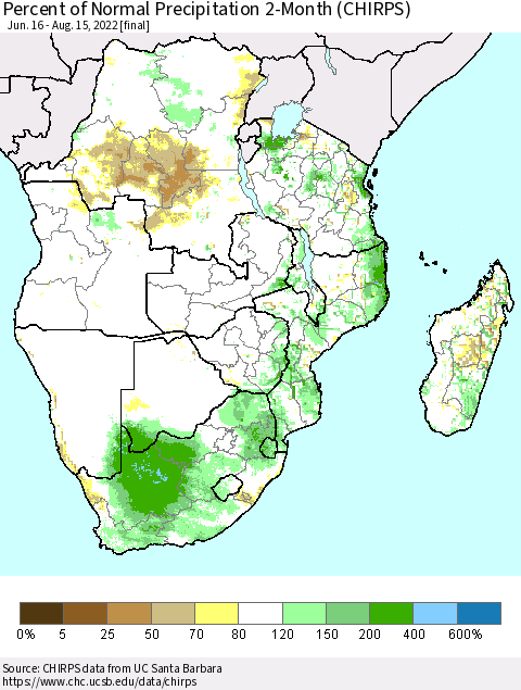 Southern Africa Percent of Normal Precipitation 2-Month (CHIRPS) Thematic Map For 6/16/2022 - 8/15/2022