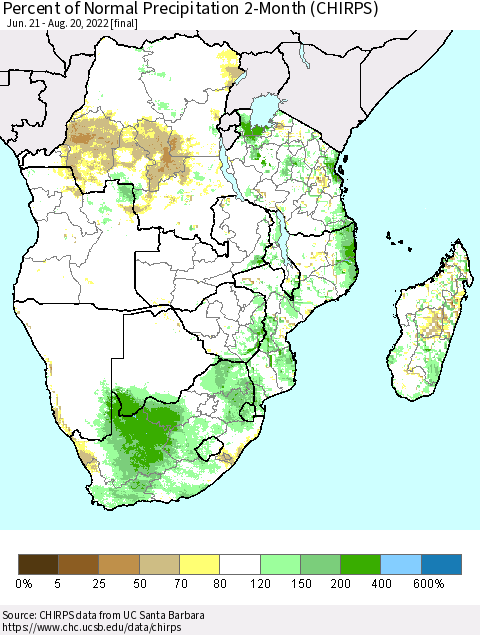 Southern Africa Percent of Normal Precipitation 2-Month (CHIRPS) Thematic Map For 6/21/2022 - 8/20/2022