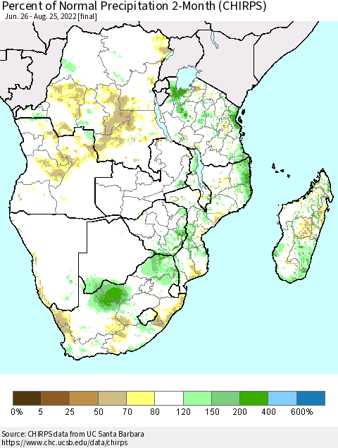 Southern Africa Percent of Normal Precipitation 2-Month (CHIRPS) Thematic Map For 6/26/2022 - 8/25/2022