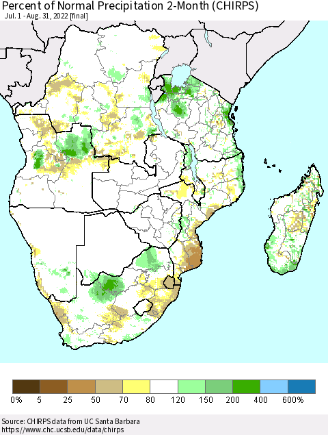 Southern Africa Percent of Normal Precipitation 2-Month (CHIRPS) Thematic Map For 7/1/2022 - 8/31/2022