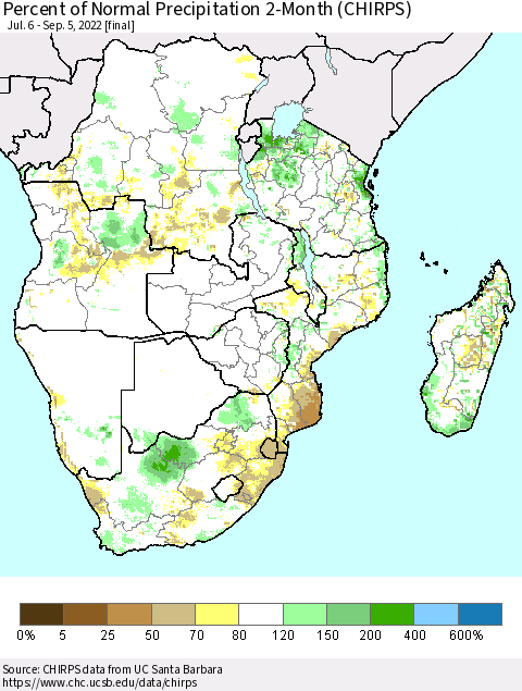 Southern Africa Percent of Normal Precipitation 2-Month (CHIRPS) Thematic Map For 7/6/2022 - 9/5/2022