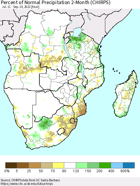 Southern Africa Percent of Normal Precipitation 2-Month (CHIRPS) Thematic Map For 7/11/2022 - 9/10/2022