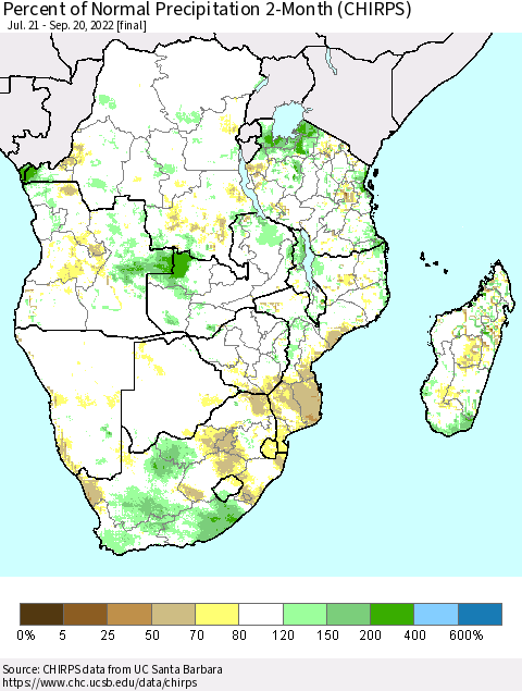 Southern Africa Percent of Normal Precipitation 2-Month (CHIRPS) Thematic Map For 7/21/2022 - 9/20/2022