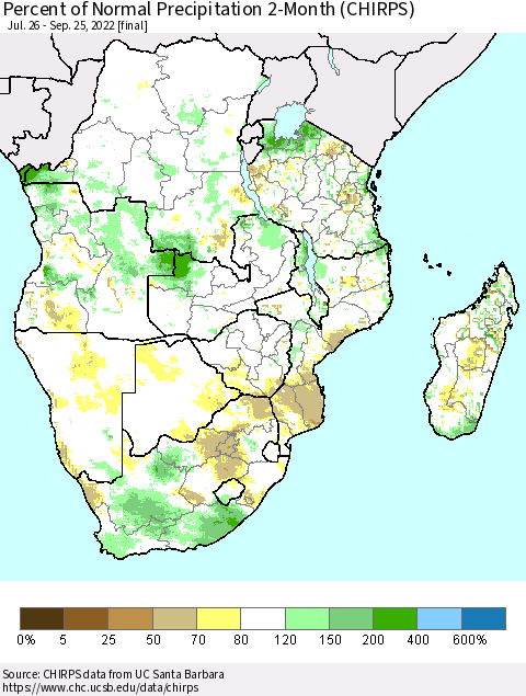 Southern Africa Percent of Normal Precipitation 2-Month (CHIRPS) Thematic Map For 7/26/2022 - 9/25/2022