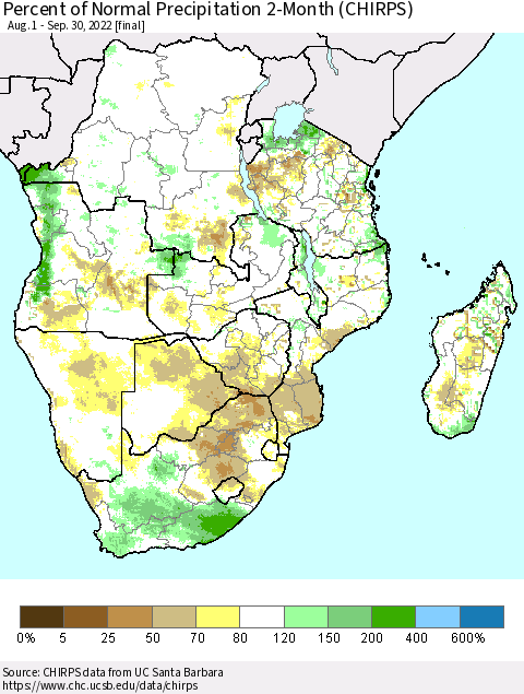Southern Africa Percent of Normal Precipitation 2-Month (CHIRPS) Thematic Map For 8/1/2022 - 9/30/2022