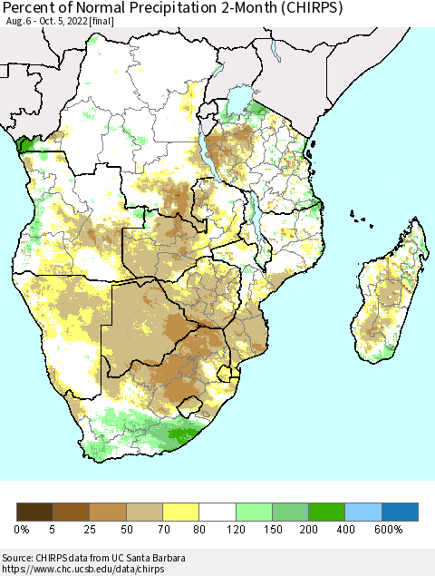 Southern Africa Percent of Normal Precipitation 2-Month (CHIRPS) Thematic Map For 8/6/2022 - 10/5/2022