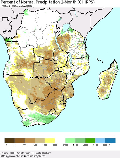 Southern Africa Percent of Normal Precipitation 2-Month (CHIRPS) Thematic Map For 8/11/2022 - 10/10/2022