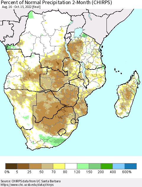 Southern Africa Percent of Normal Precipitation 2-Month (CHIRPS) Thematic Map For 8/16/2022 - 10/15/2022