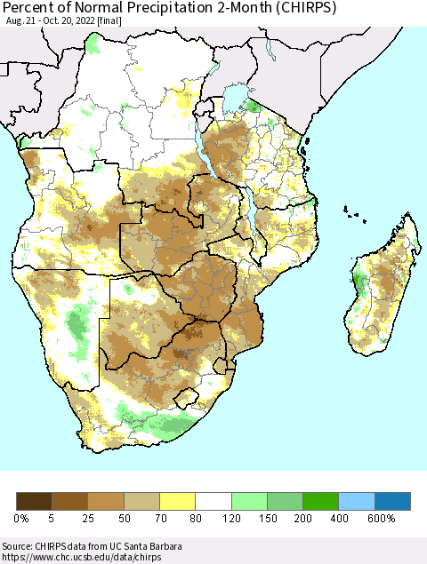 Southern Africa Percent of Normal Precipitation 2-Month (CHIRPS) Thematic Map For 8/21/2022 - 10/20/2022