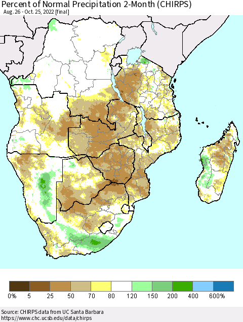 Southern Africa Percent of Normal Precipitation 2-Month (CHIRPS) Thematic Map For 8/26/2022 - 10/25/2022