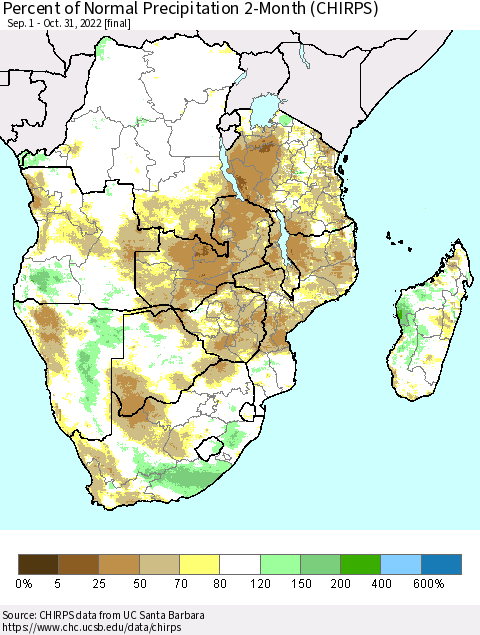 Southern Africa Percent of Normal Precipitation 2-Month (CHIRPS) Thematic Map For 9/1/2022 - 10/31/2022