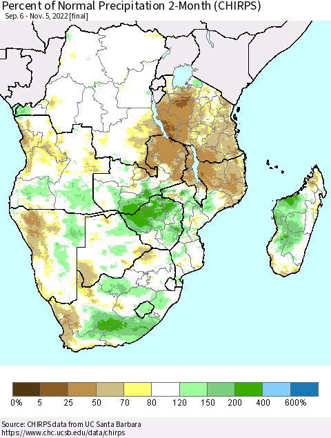 Southern Africa Percent of Normal Precipitation 2-Month (CHIRPS) Thematic Map For 9/6/2022 - 11/5/2022