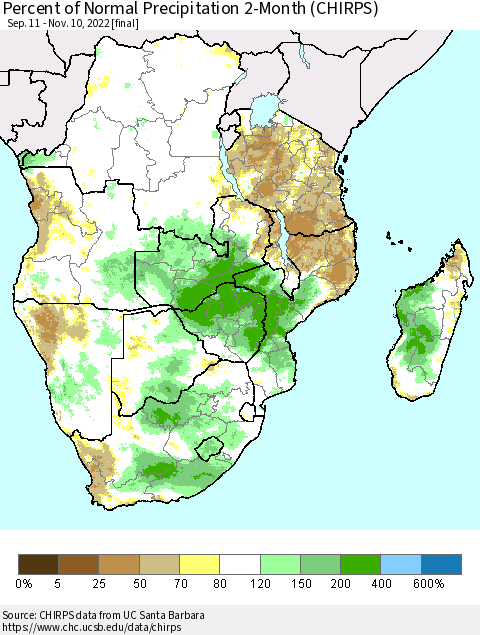 Southern Africa Percent of Normal Precipitation 2-Month (CHIRPS) Thematic Map For 9/11/2022 - 11/10/2022