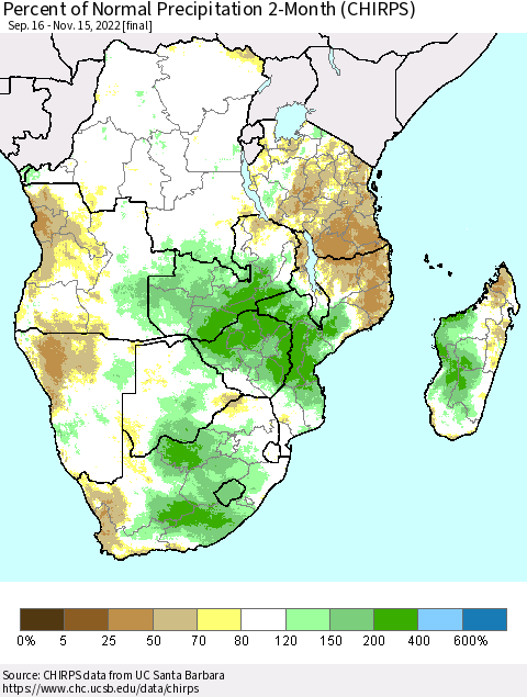 Southern Africa Percent of Normal Precipitation 2-Month (CHIRPS) Thematic Map For 9/16/2022 - 11/15/2022