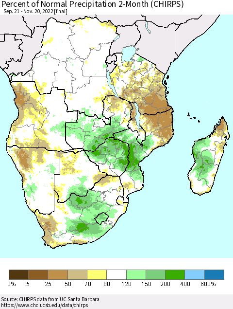 Southern Africa Percent of Normal Precipitation 2-Month (CHIRPS) Thematic Map For 9/21/2022 - 11/20/2022