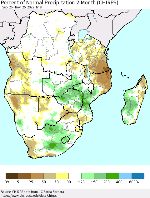 Southern Africa Percent of Normal Precipitation 2-Month (CHIRPS) Thematic Map For 9/26/2022 - 11/25/2022