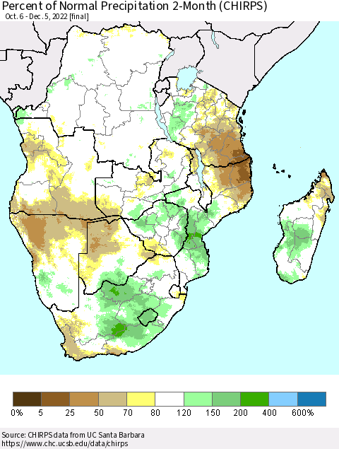 Southern Africa Percent of Normal Precipitation 2-Month (CHIRPS) Thematic Map For 10/6/2022 - 12/5/2022